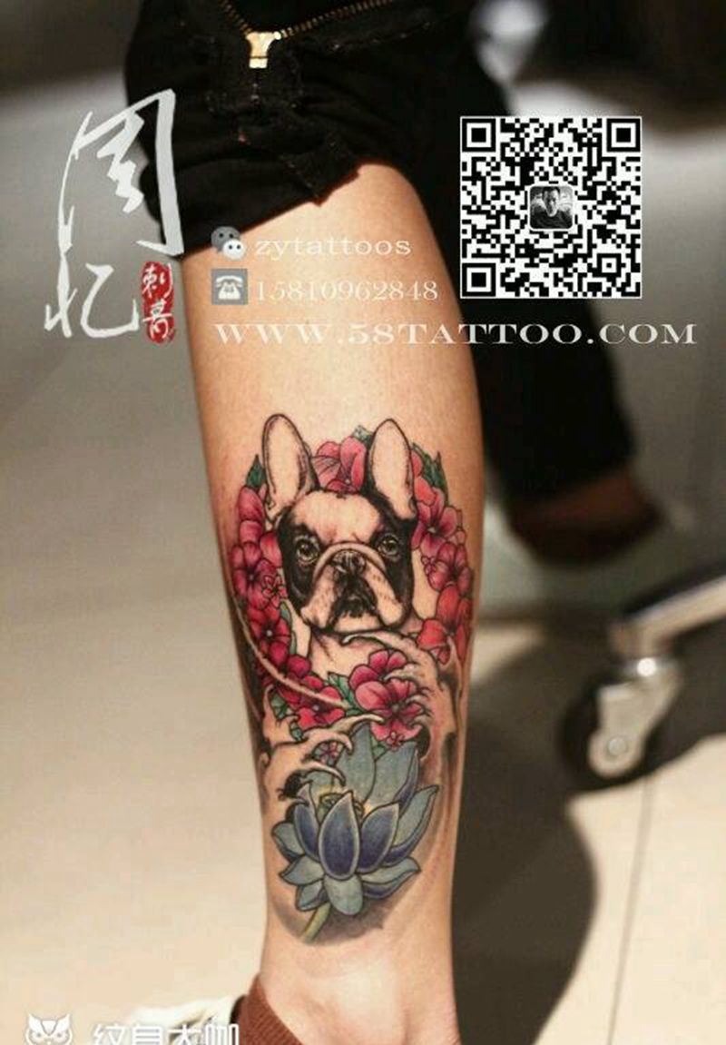 纹身修改添加  狗狗纹身图片_腿部欧美动物植物周忆刺青成品纹身图案