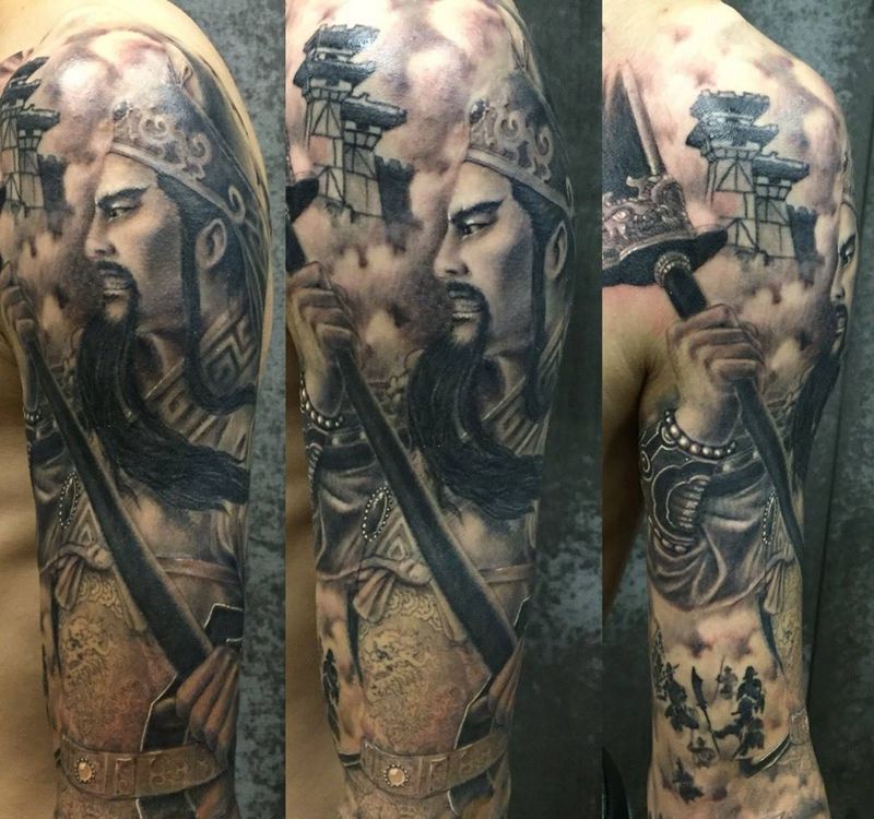 武圣纹身图片_手部肩部手臂成品手稿插画人物原创欧美传统纹身图案