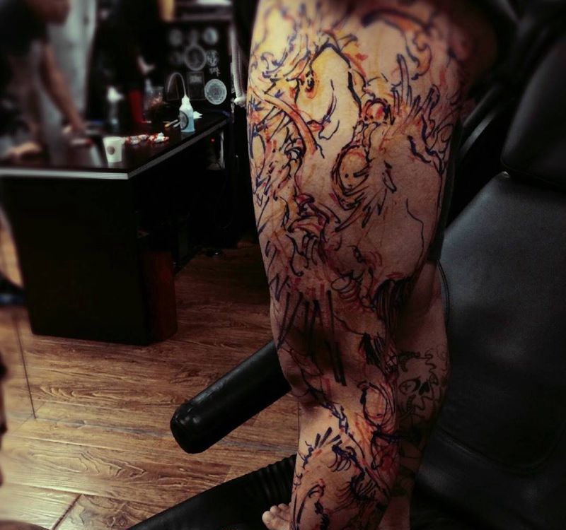 创作花絮纹身图片_传统国画成品腿部动物原创纹身图案