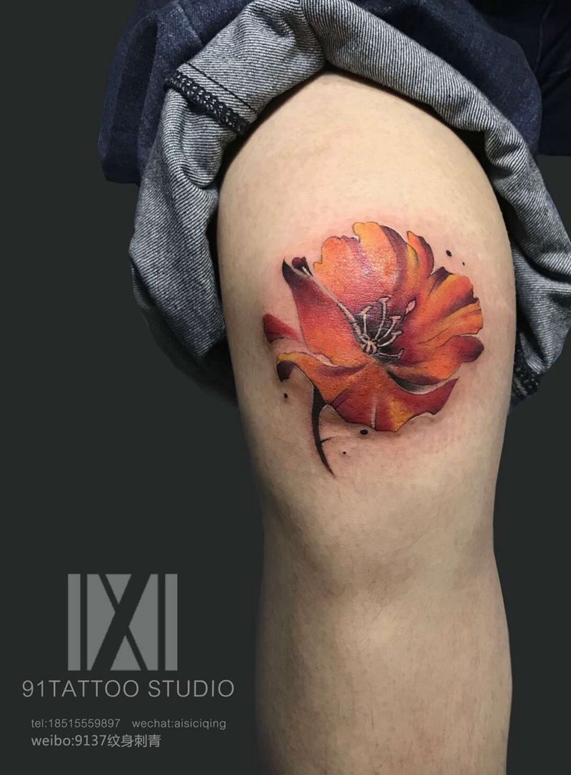 花（遮盖）《原创》纹身图片_腿部老传统纹身图案