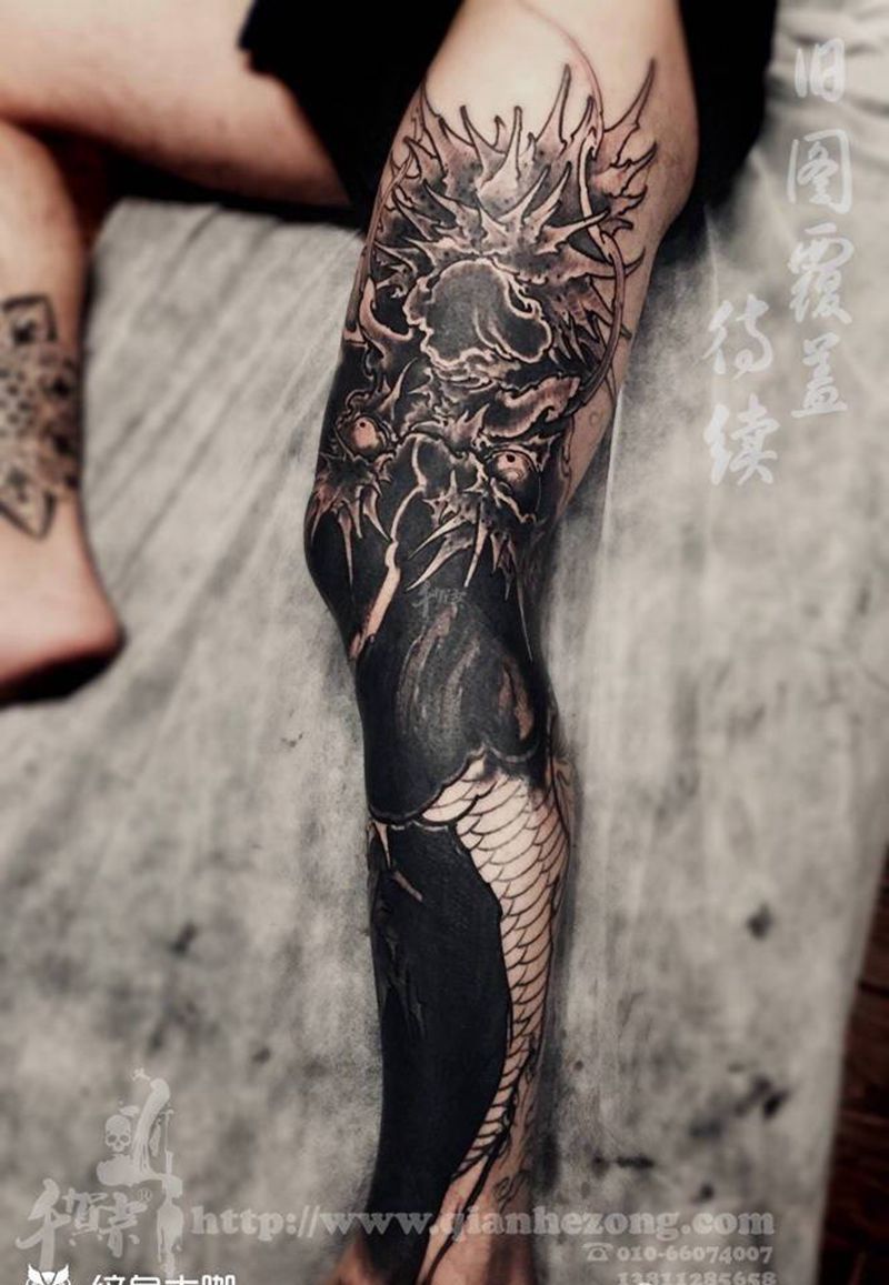 整腿待续纹身图片_人物鬼神动物原创传统国画脚部腿部成品纹身图案