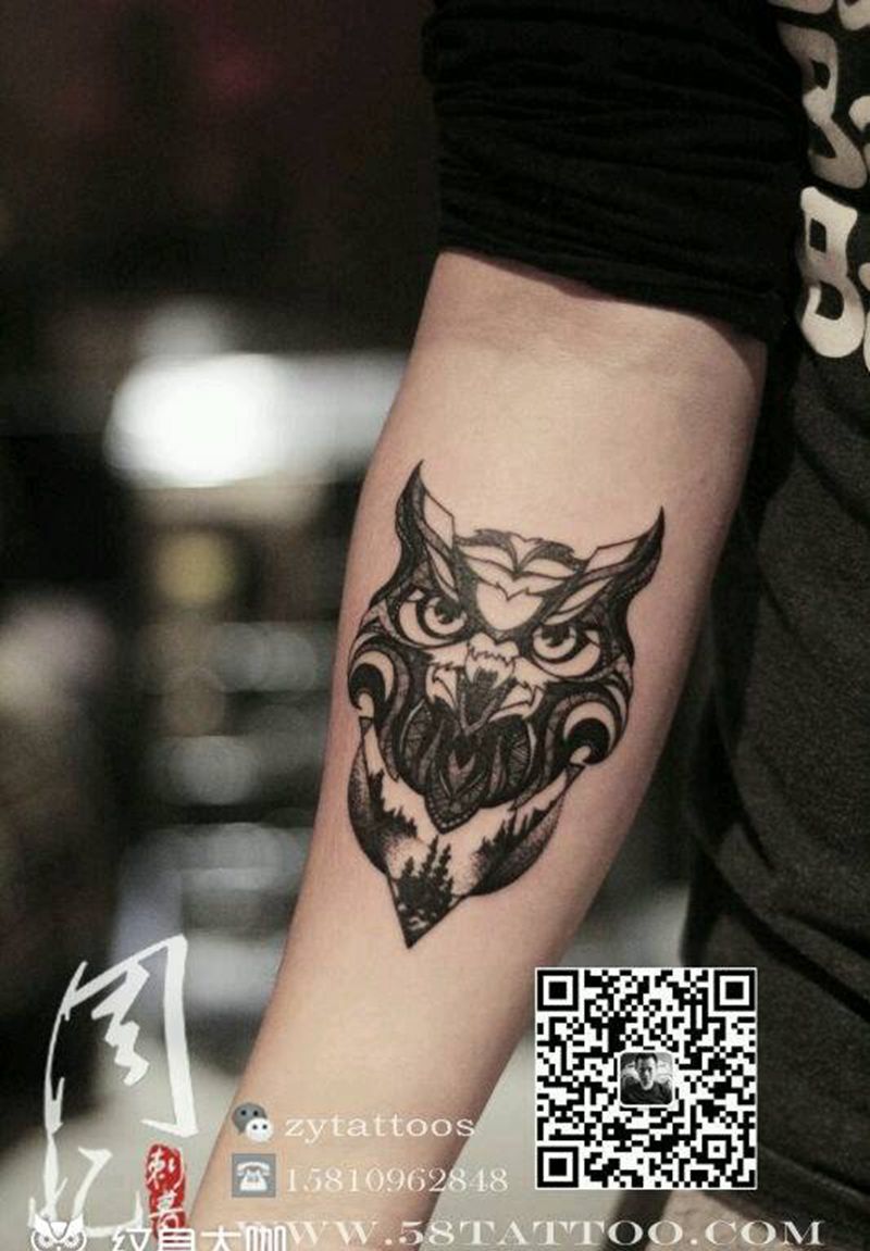 猫头鹰纹身图片_手臂欧美动物周忆刺青成品纹身图案