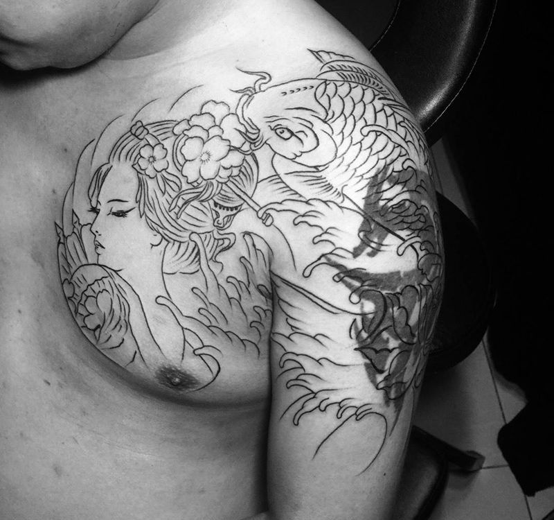 今日工作半甲遮盖割线完成未完待续纹身图片_胸部手臂传统动物人物植物纹身图案