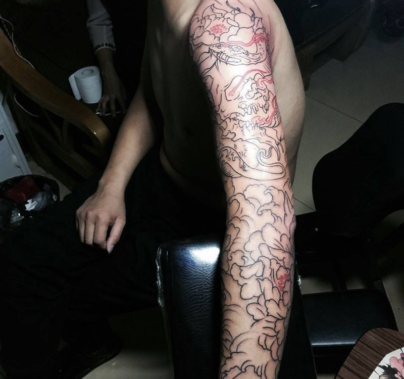 今日作品花臂割线。未完待续纹身图片_手臂传统植物动物纹身图案