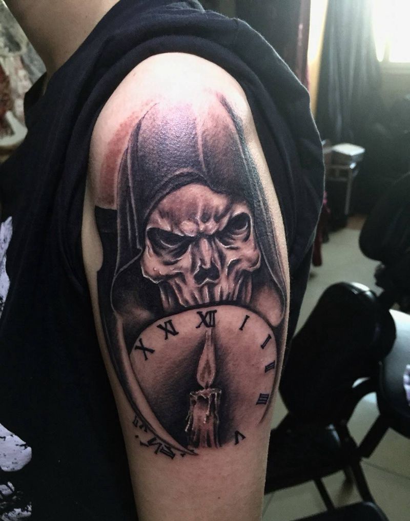 今日工作死神纹身图片_手臂欧美写实人物纹身图案