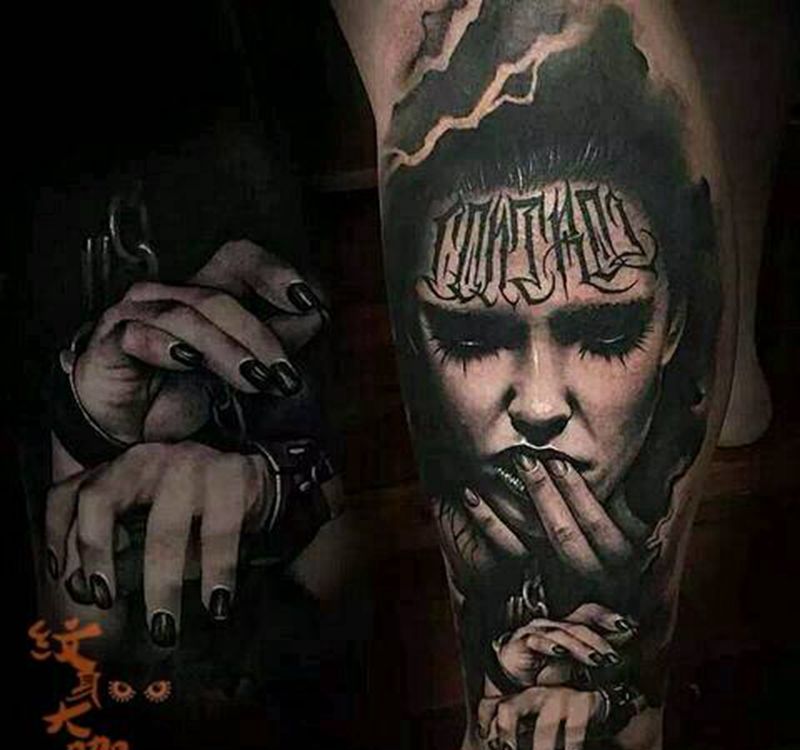 那些经典黑灰！纹身图片_腿部欧美写实人物纹身图案
