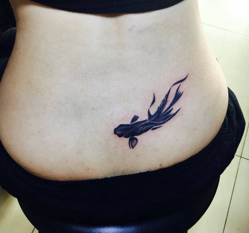 今日工作小鱼一枚纹身图片_成品腰部传统动物国画纹身图案