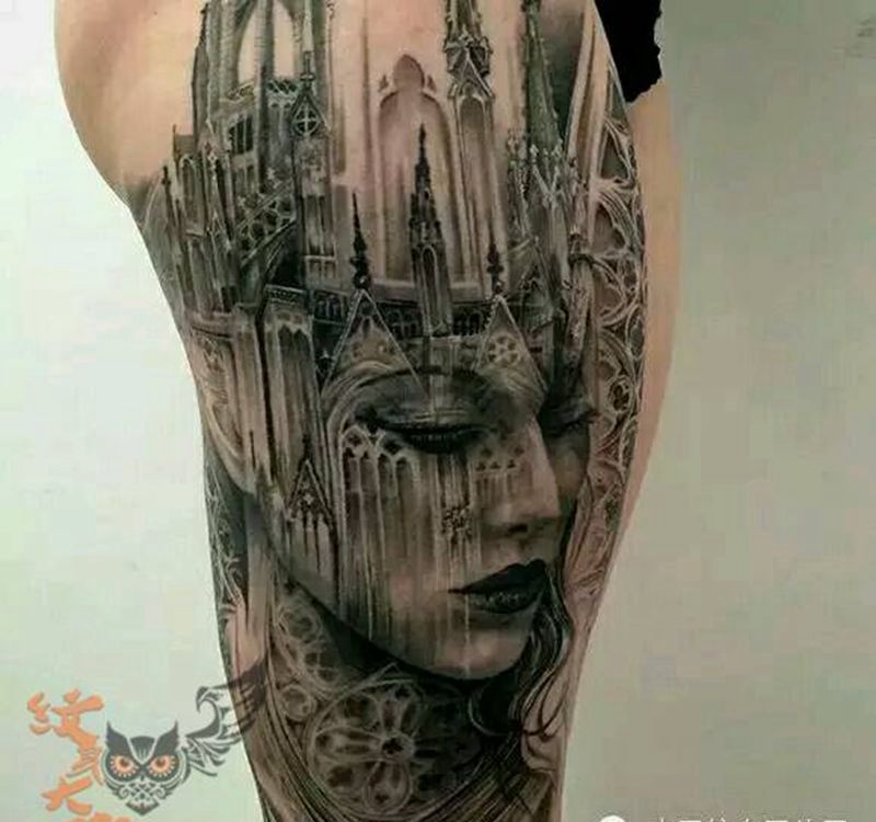 那些经典黑灰!纹身图片_腿部欧美写实人物纹身图案