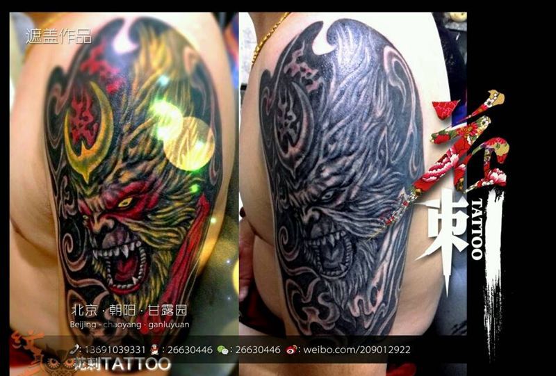 大臂遮盖纹身图片_手臂传统人物鬼神宗教纹身图案