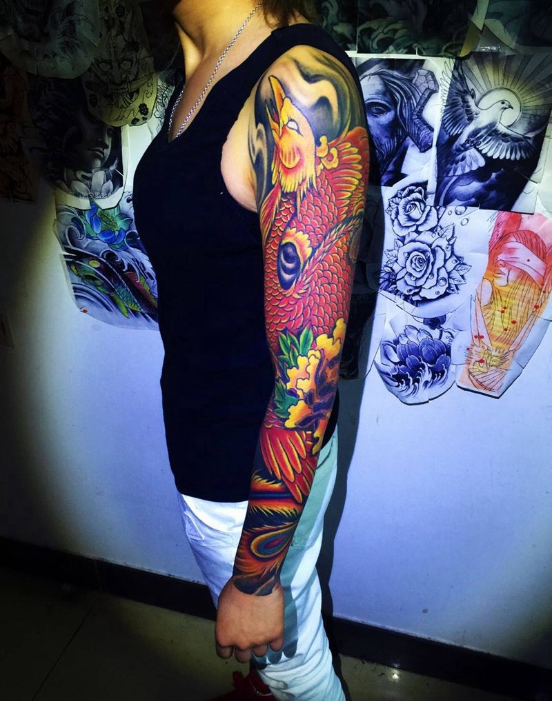 今日工作传统花臂凤凰完成纹身图片_手臂传统动物纹身图案