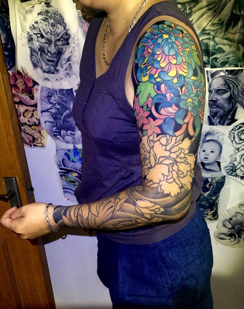 今日工作传统花臂纹身图片_手臂传统植物动物纹身图案