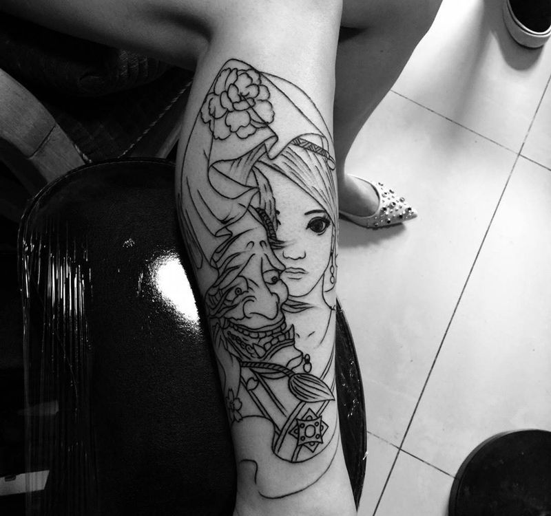 今日工作小腿艺妓割线纹身图片_腿部传统人物纹身图案