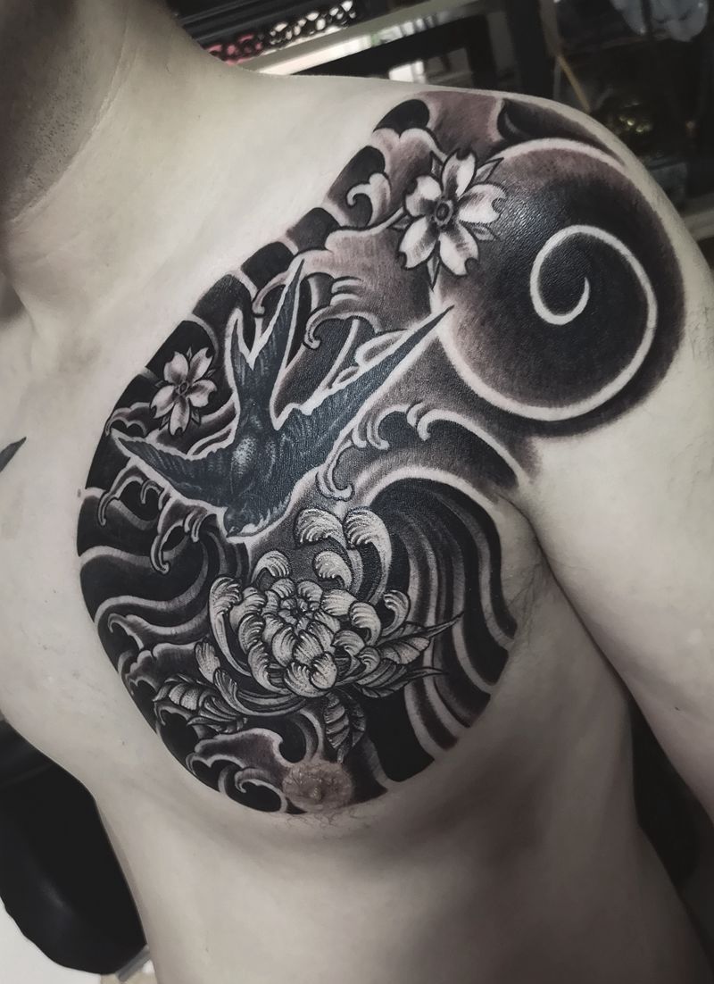 旧图添加日式小半甲纹身图片_胸部老传统纹身图案