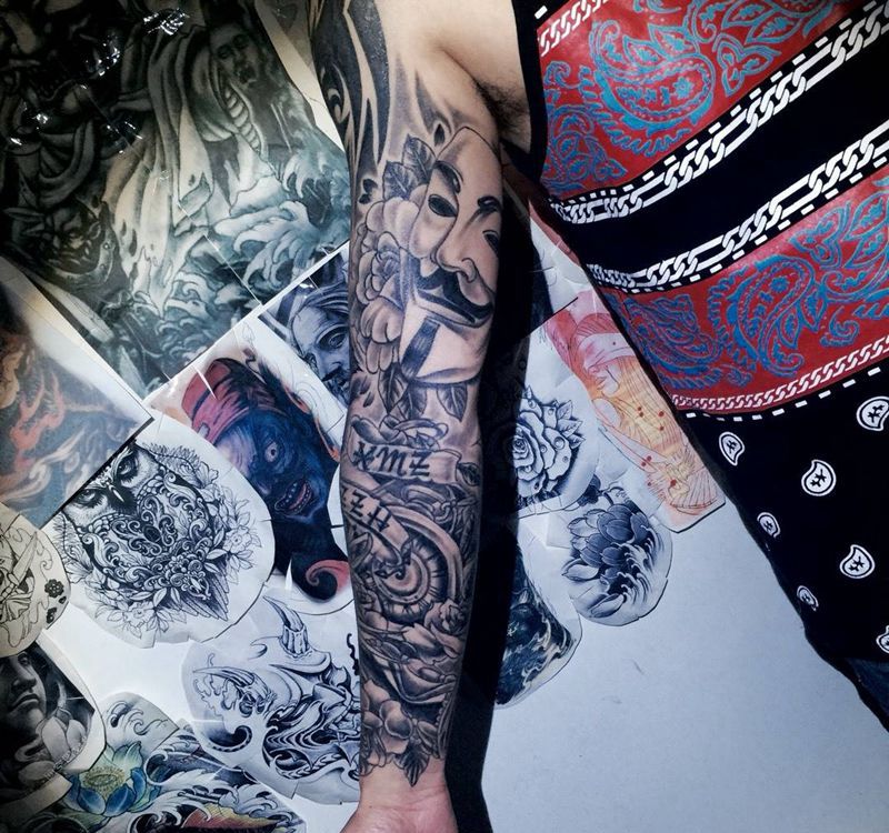 今日工作欧美遮盖接花臂完成纹身图片_成品欧美手臂人物静物植物纹身图案