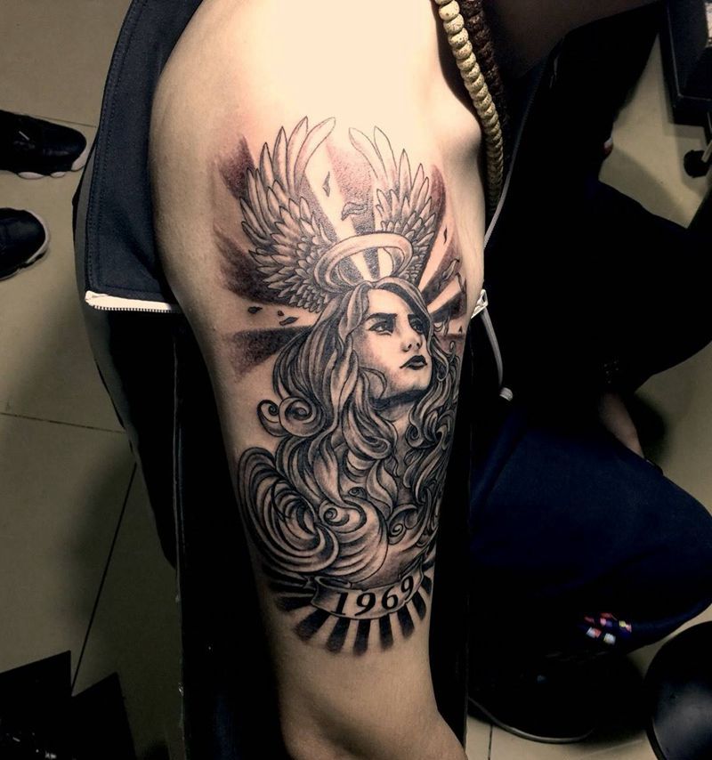 今日工作大臂妞完成纹身图片_成品手臂欧美肖像人物纹身图案