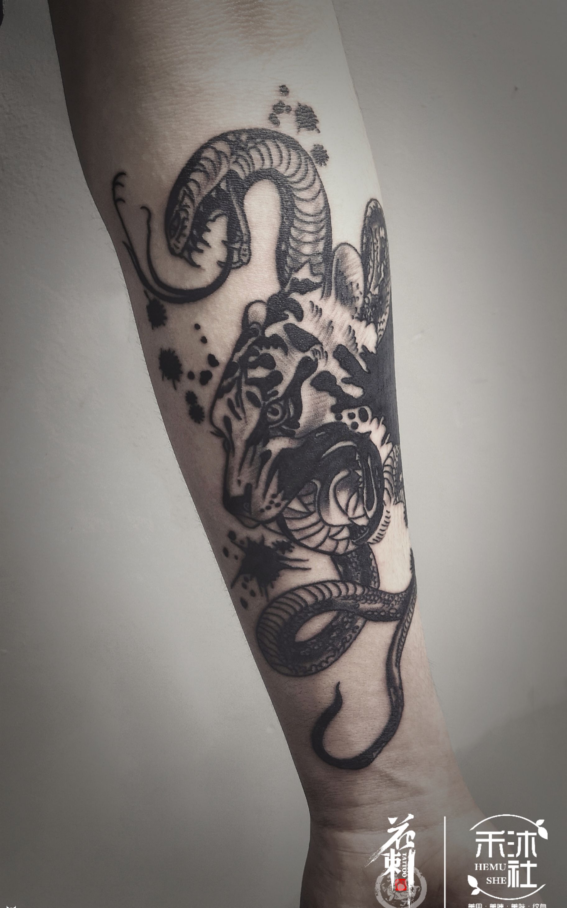 泼墨蛇虎纹身图片_手臂水墨纹身图案