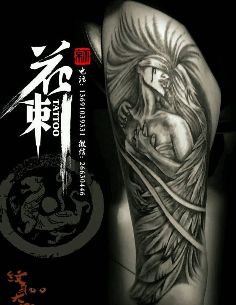 折翼天使纹身图片_腿部欧美写实人物纹身图案