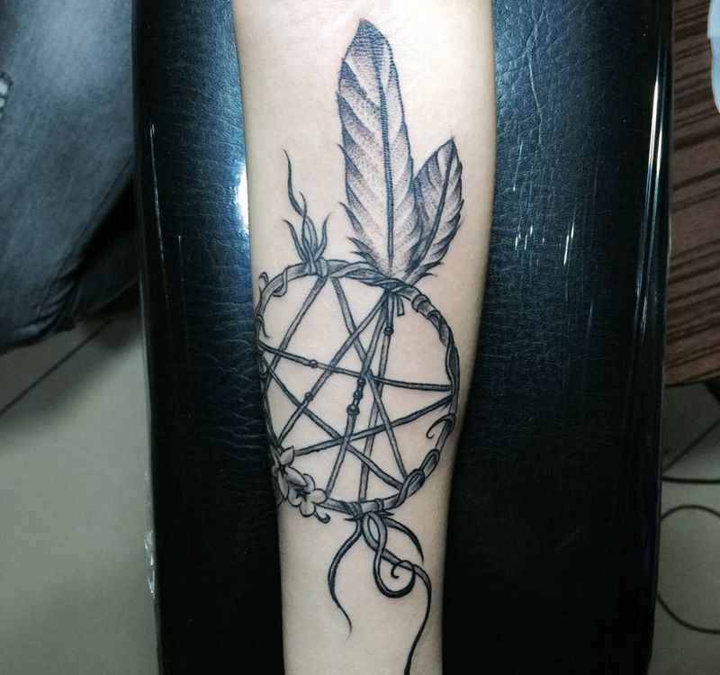 今日作品捕梦网完成！纹身图片_成品手部清新欧美几何纹身图案