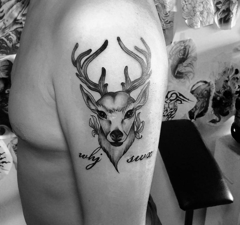 今日工作鹿头纹身图片_手臂欧美清新动物纹身图案