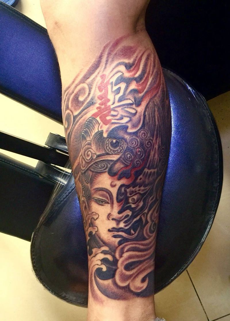 今日工作小腿一念之间纹身图片_成品腿部传统人物宗教鬼神纹身图案