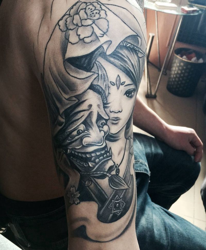 今日作品半甲完成！纹身图片_成品手臂胸部传统人物鬼神宗教纹身图案