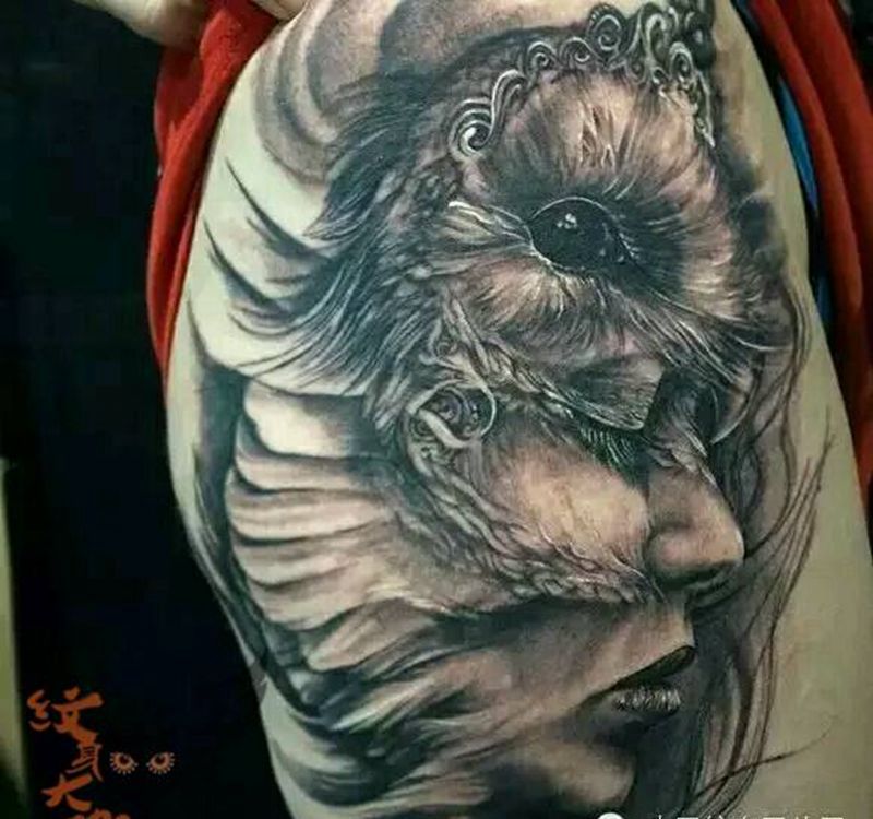 那些经典黑灰!纹身图片_腿部欧美写实人物纹身图案