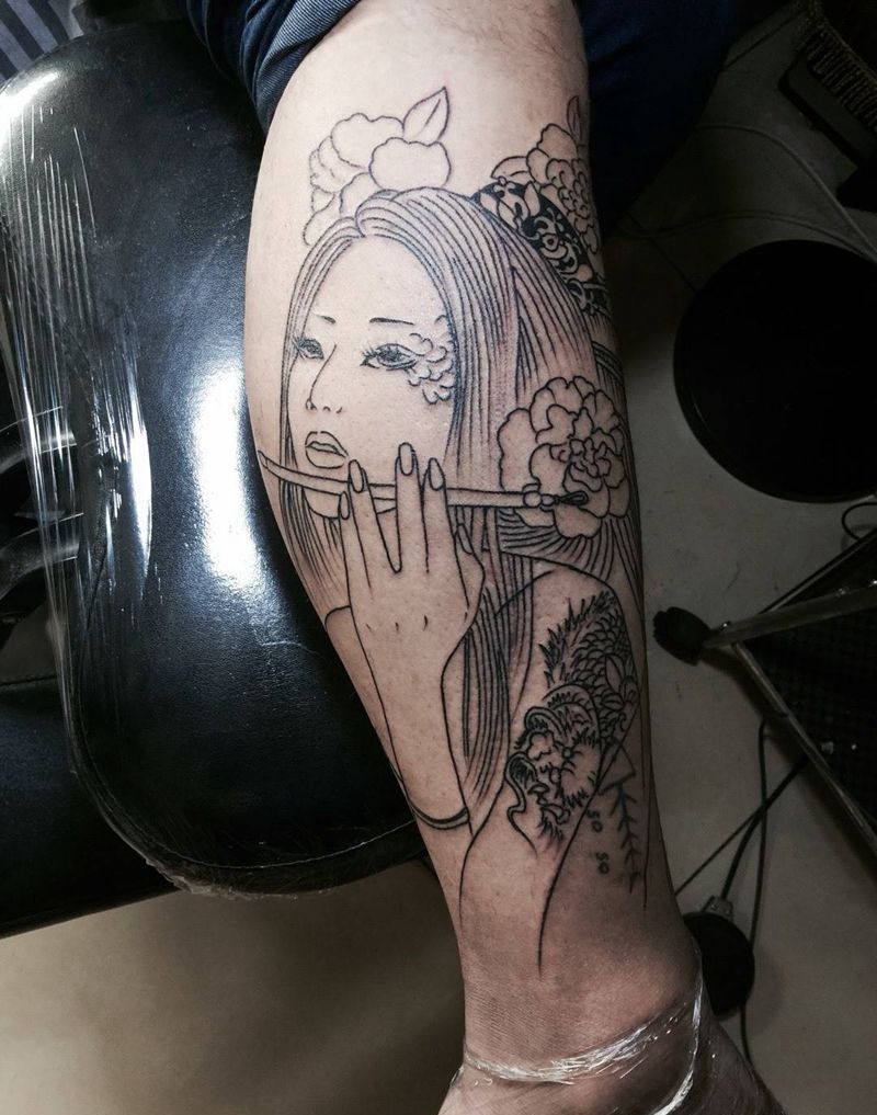 今日工作割线纹身图片_人物欧美传统腿部手臂纹身图案