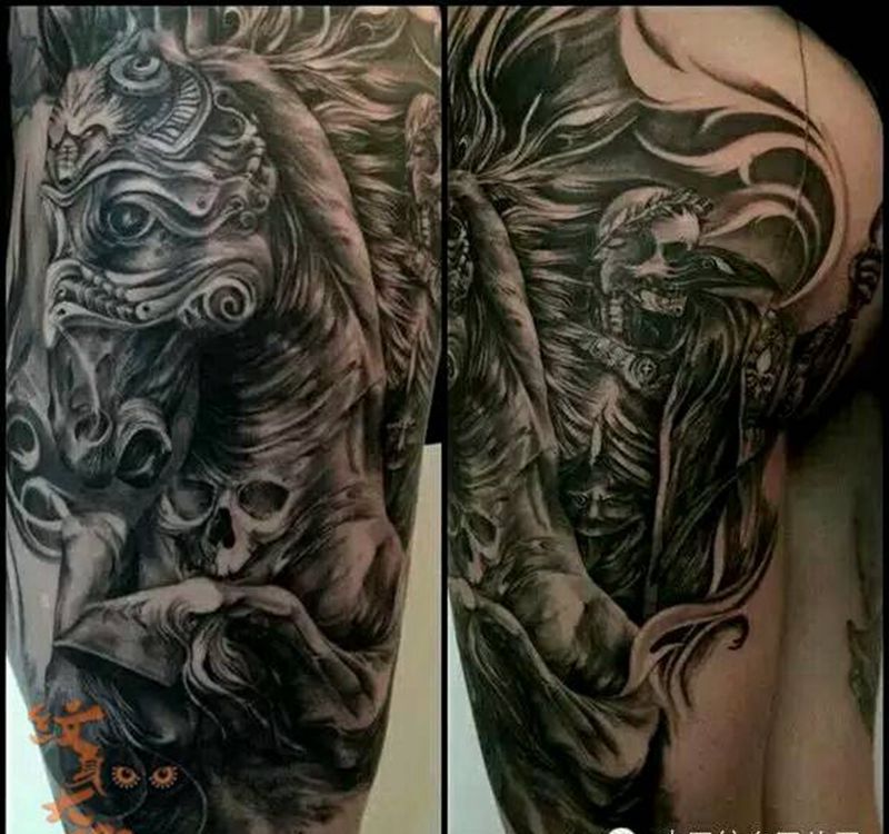 那些经典黑灰！纹身图片_腿部欧美写实动物鬼神纹身图案