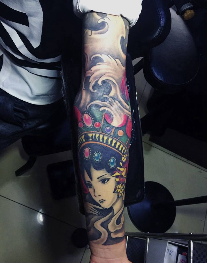 今日作品花臂补色！纹身图片_成品手臂传统人物植物纹身图案