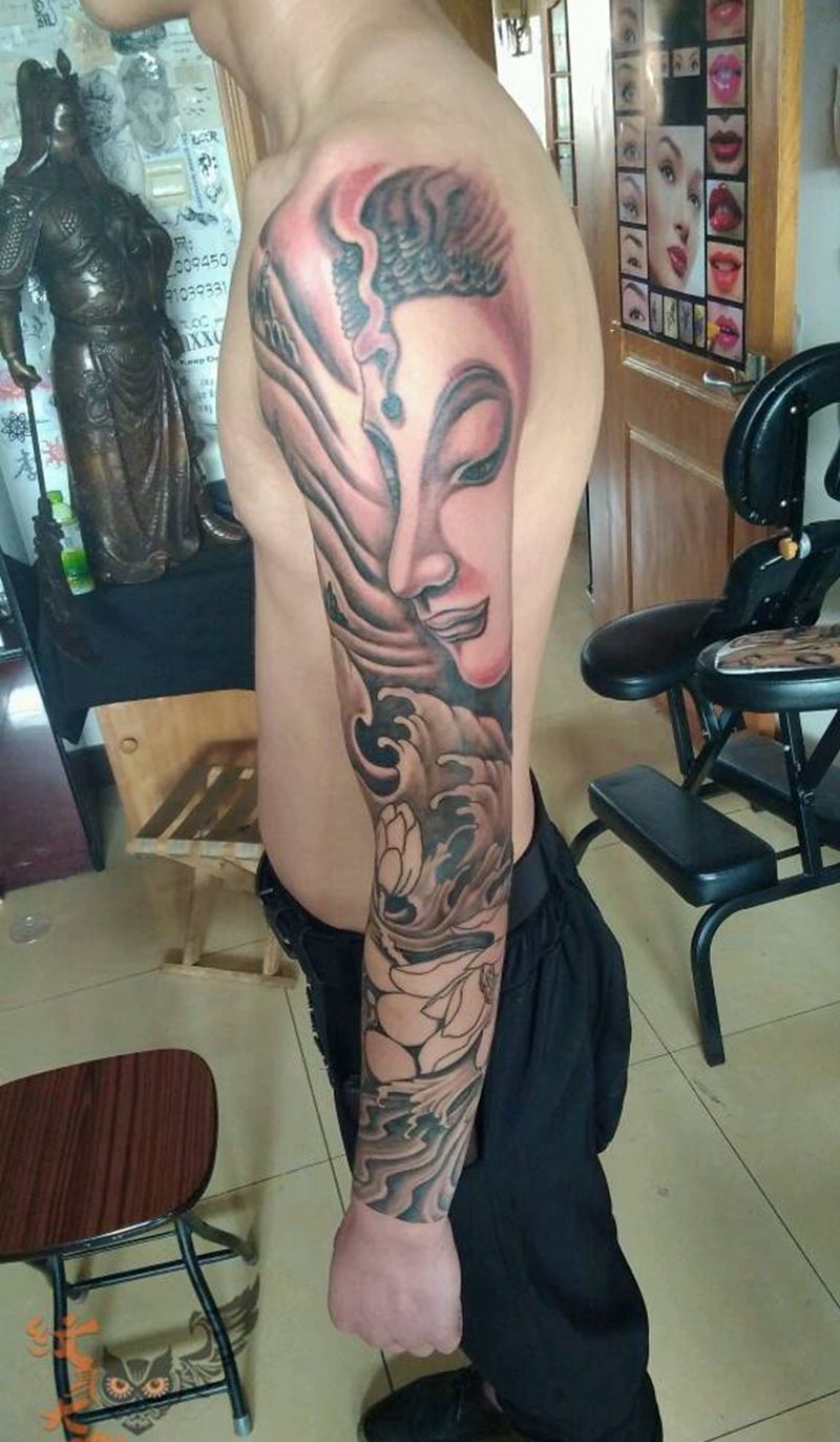 传统花臂!未完成纹身图片_传统手臂人物宗教纹身图案