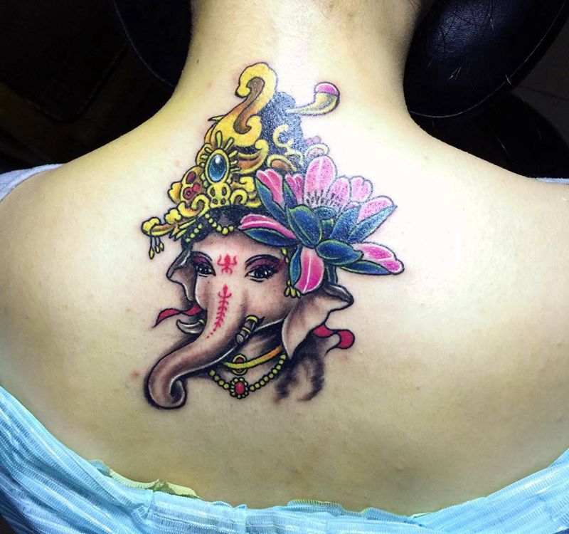 今日作品小象神遮盖完成!纹身图片_成品背部颈部传统动物植物宗教纹身图案