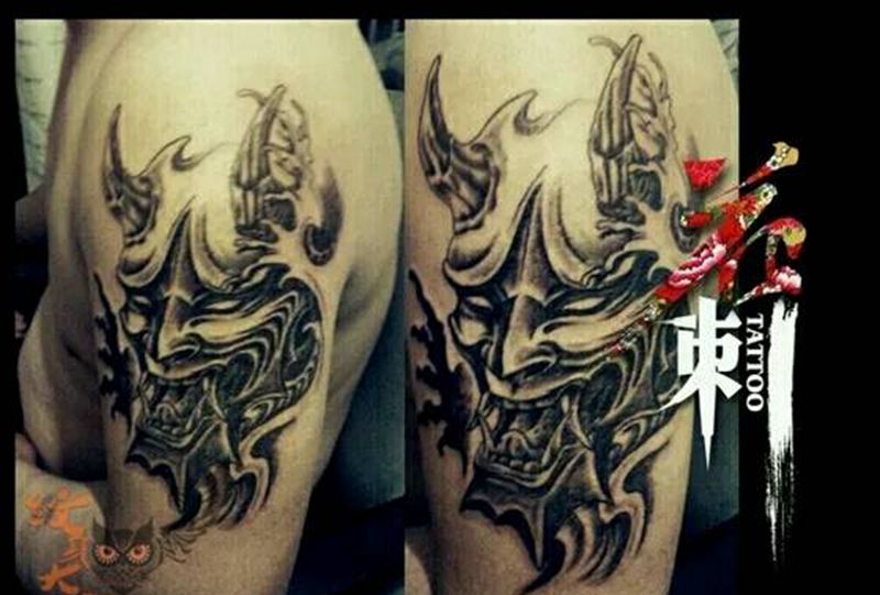 大臂般若纹身图片_传统手臂鬼神纹身图案