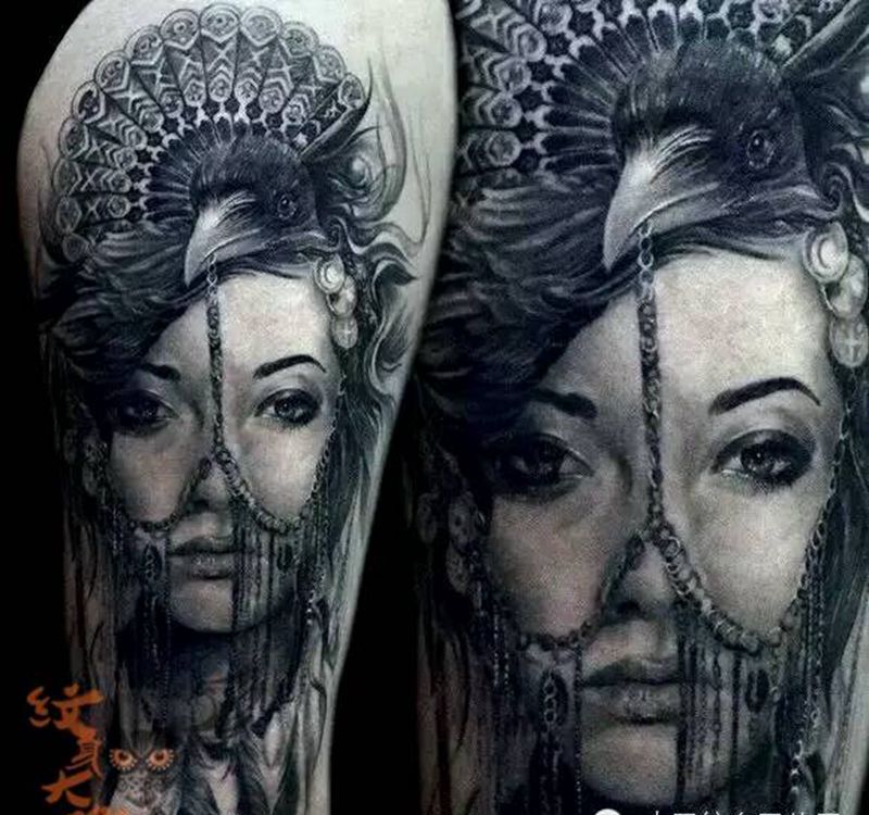 那些经典黑灰!纹身图片_腿部欧美写实人物纹身图案