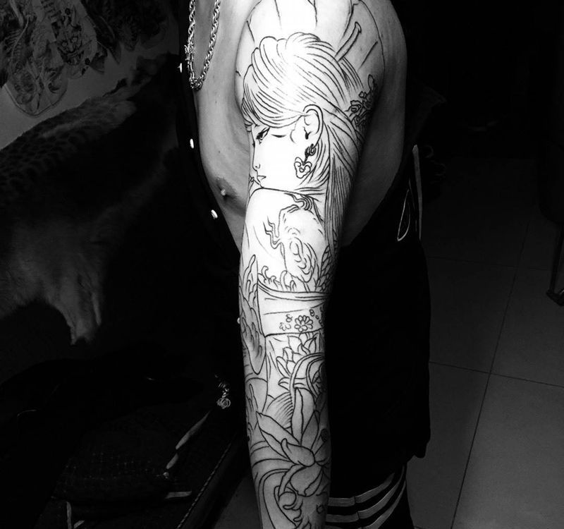 今日工作花臂割线未完待续纹身图片_手臂传统人物动物植物纹身图案