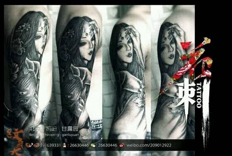 花臂大妞纹身图片_传统手臂人物鬼神纹身图案