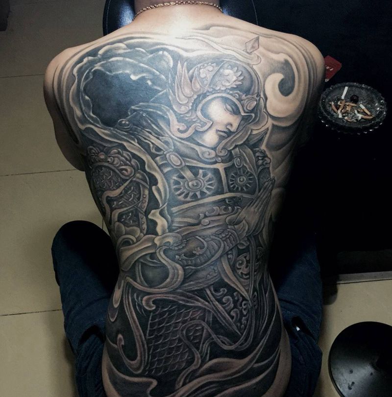 今日工作满背韦坨遮盖完成！纹身图片_传统背部人物宗教纹身图案