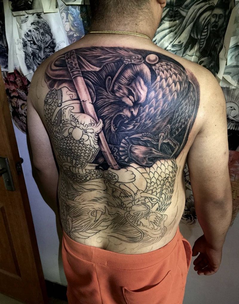 今日工作满背斗战胜佛未完成纹身图片_背部传统人物纹身图案