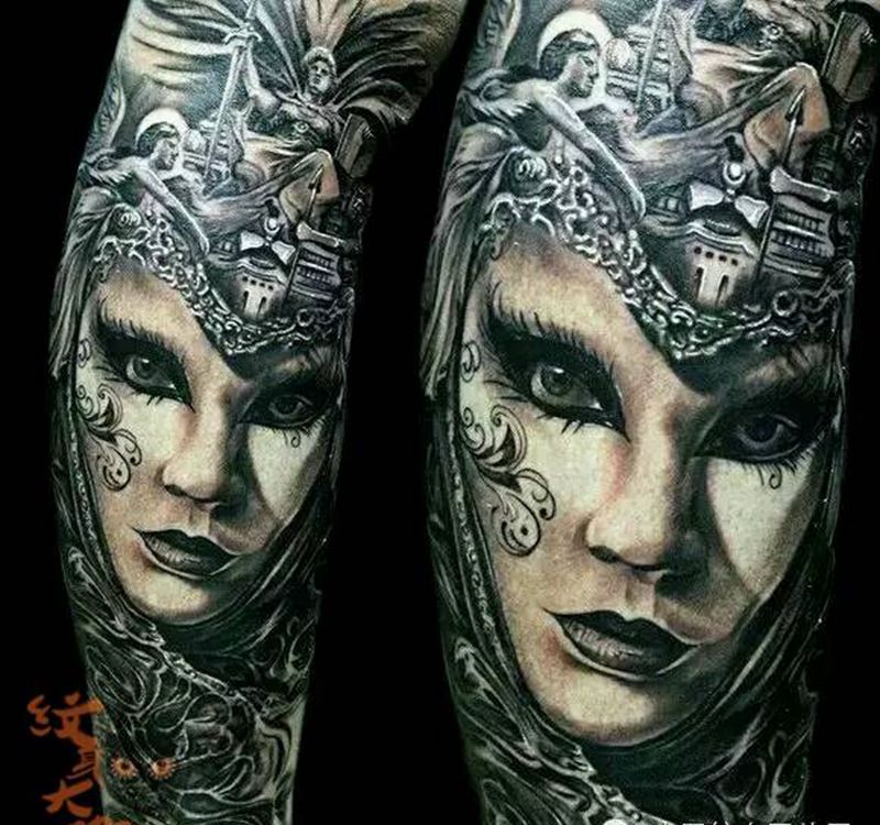 那些经典黑灰!纹身图片_腿部欧美写实人物纹身图案