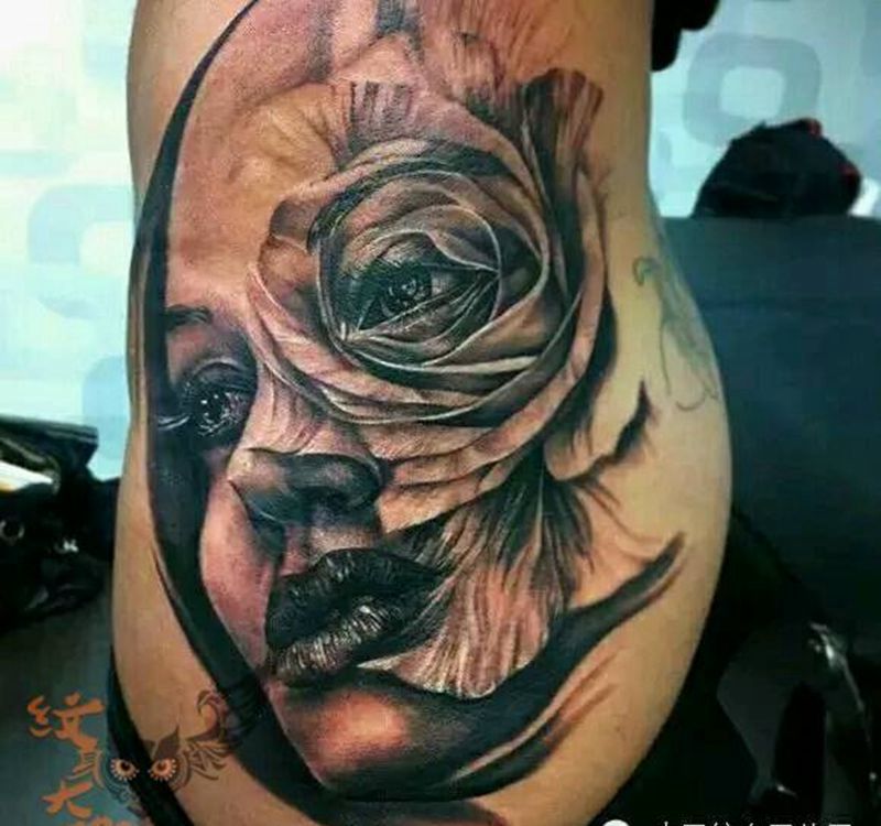那些经典黑灰!纹身图片_腰部欧美写实人物纹身图案