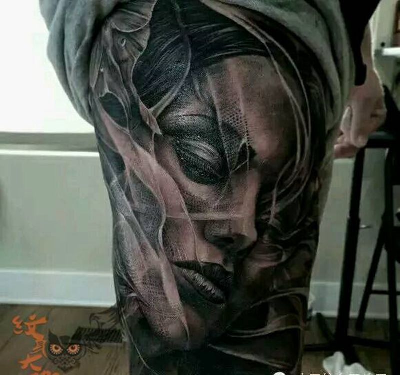 那些经典黑灰!纹身图片_腿部欧美写实人物纹身图案