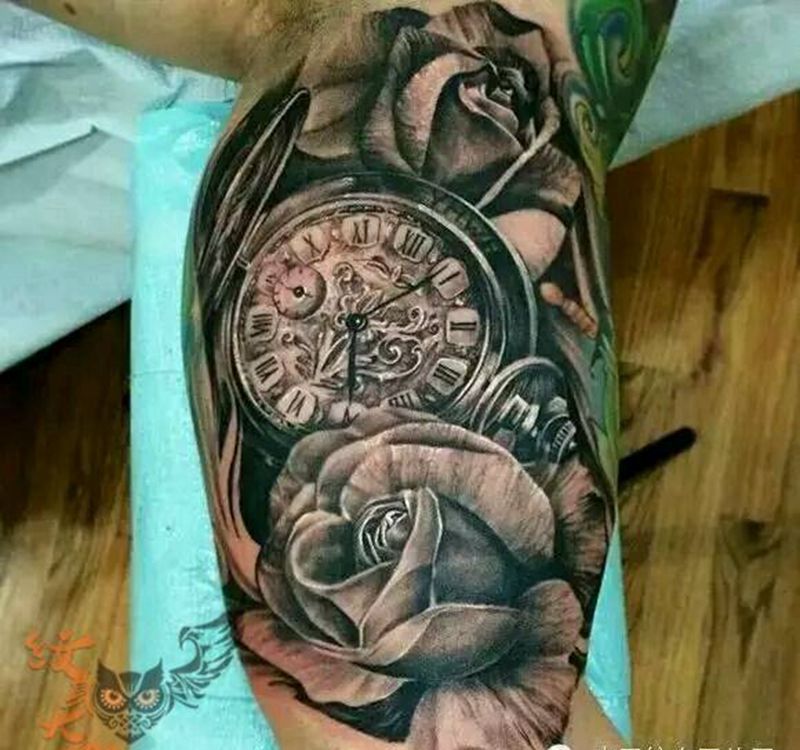 那些经典黑灰！纹身图片_腿部欧美写实植物静物纹身图案