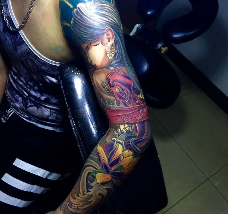 今日作品花臂完成！纹身图片_成品手臂传统人物植物纹身图案