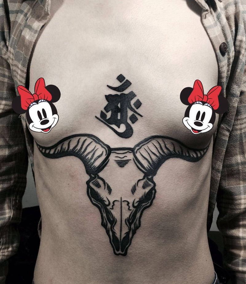 今日工作大日如来羊头纹身图片_胸部腹部欧美清新字符图腾动物纹身图案