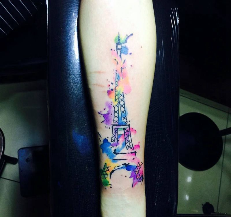 今日作品水彩泼墨铁塔完成！纹身图片_成品手臂清新欧美静物纹身图案