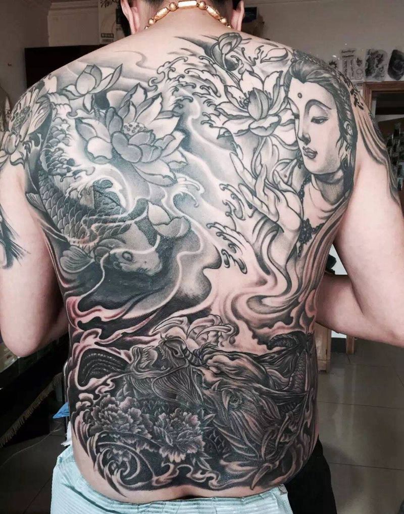 今日作品完成!纹身图片_成品背部传统人物宗教动物鬼神植物纹身图案