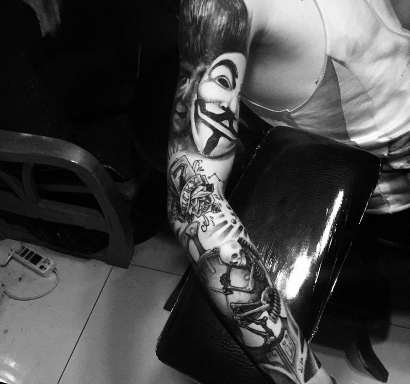 今日工作欧美花臂未完成！纹身图片_手臂欧美写实人物静物植物纹身图案