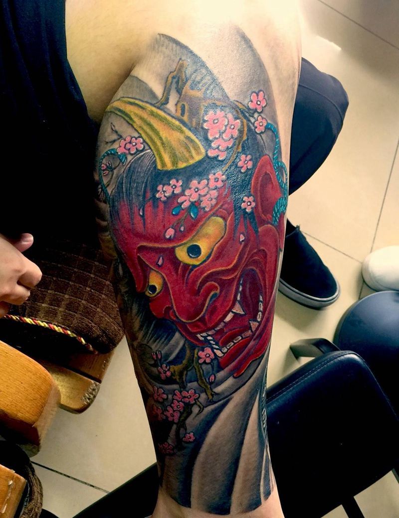 今日工作小腿般若纹身图片_腿部传统人物鬼神植物纹身图案