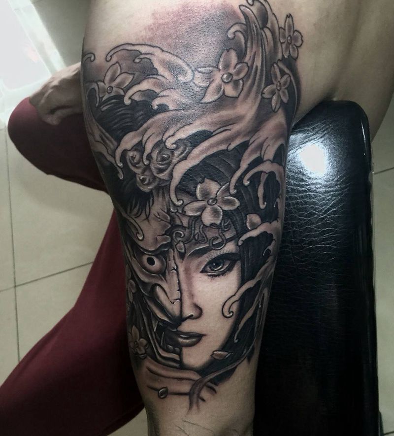 今日工作大臂般若VS大妞完成纹身图片_成品手臂传统写实人物鬼神植物纹身图案