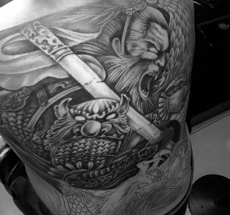 今日工作满背大圣未完成纹身图片_背部传统人物宗教动物纹身图案