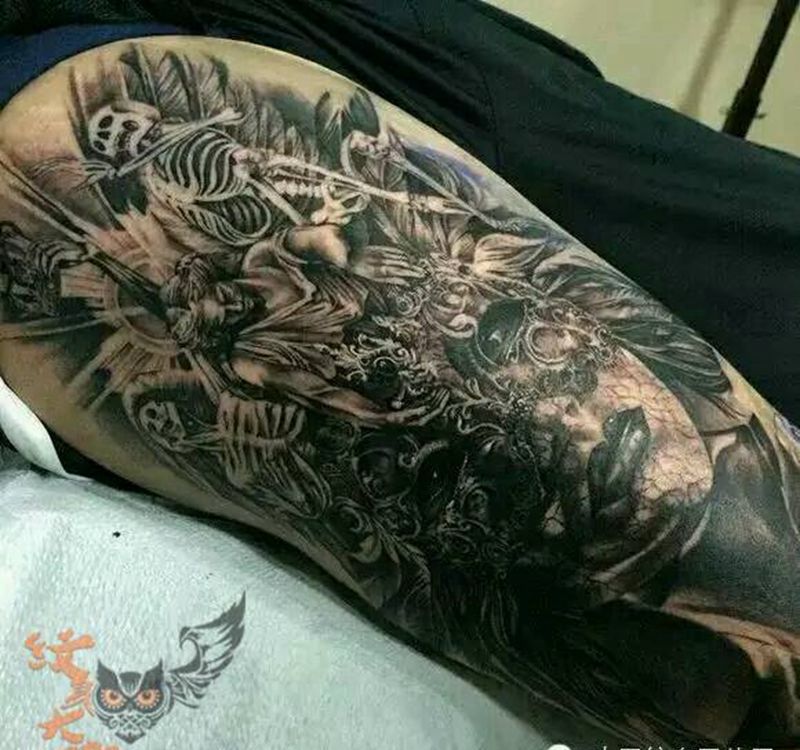 那些经典黑灰！纹身图片_腿部欧美写实人物纹身图案